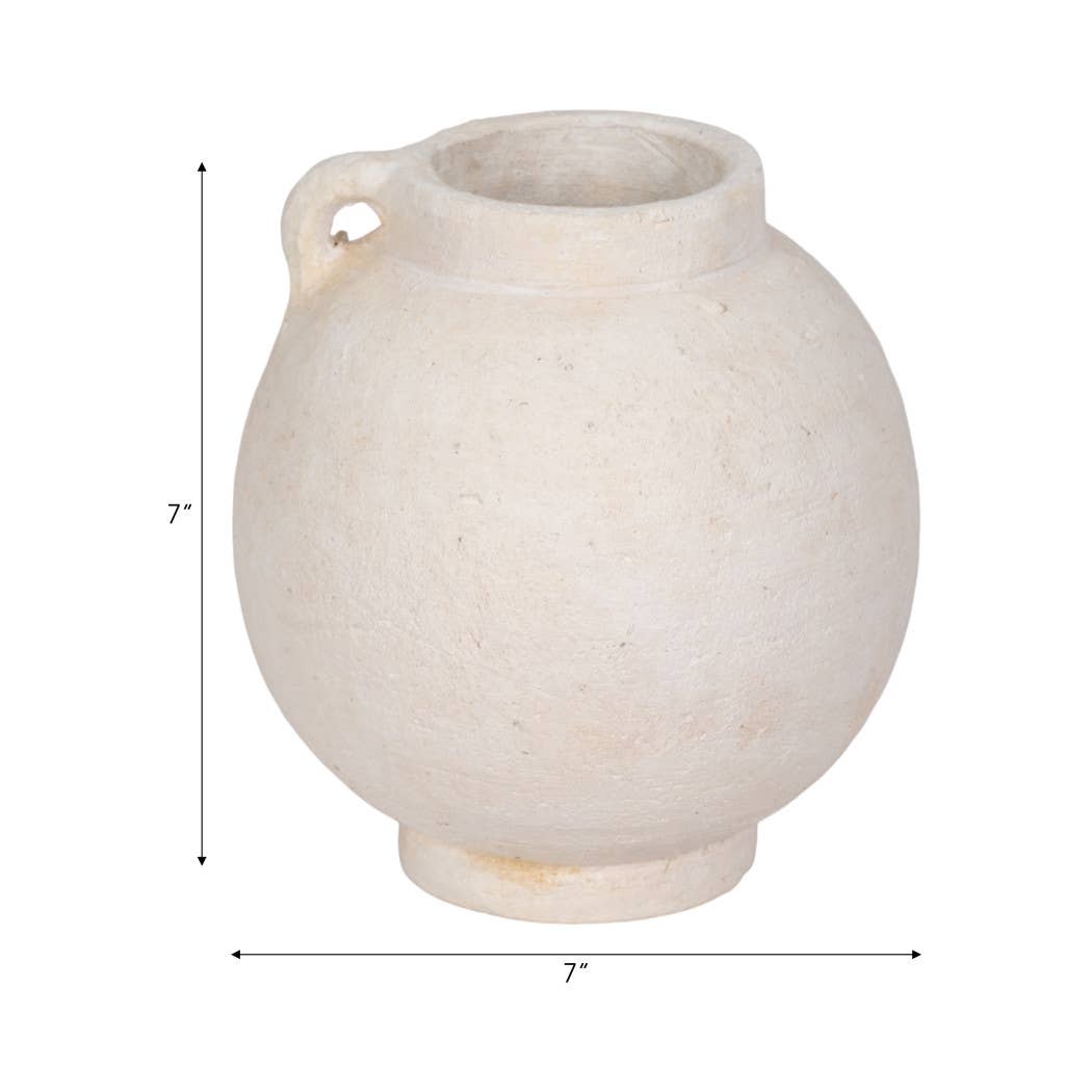 Decorative Vase - White Ceramic Bulbous with Handle Jug, 7in