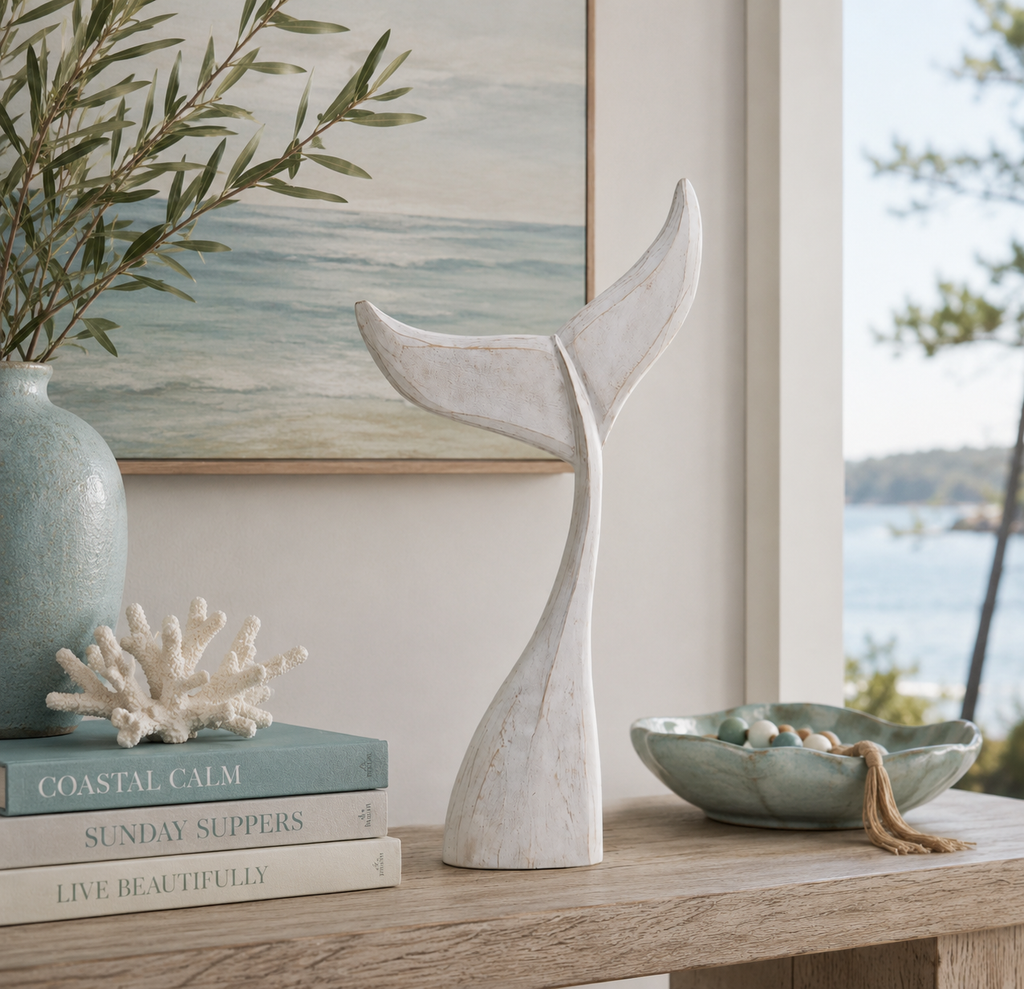 White 32 in. Wooden Coastal Whale Tail Figurine